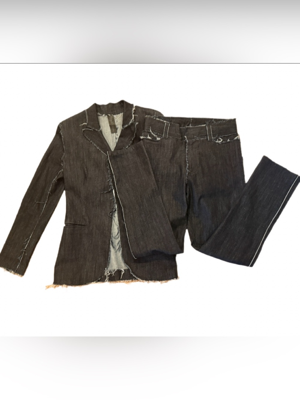 Norma Kamali Y2K Desconstructed Denim Suit Set Raw Hem Avant Garde Size 8